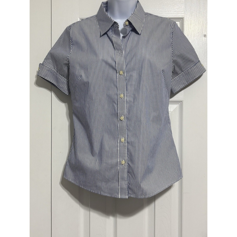 Banana Republic Short Sleeve Button Down W Sz 8 Top Blue White Vertical Stripe